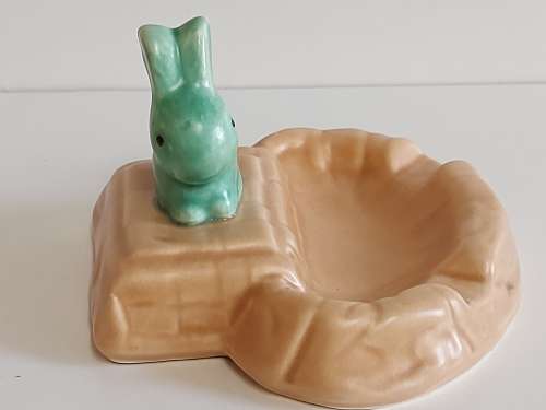VINTAGE HIGHLY COLLECTIBLE SYLVAC DISH WITH A RABBIT FIGURINE PERCHED ON IT