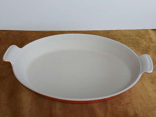 VINTAGE LARGE LE CREUSET MADE IN FRANCE ENAMELED CAST IRON OVAL OVEN DISH, NO 36
