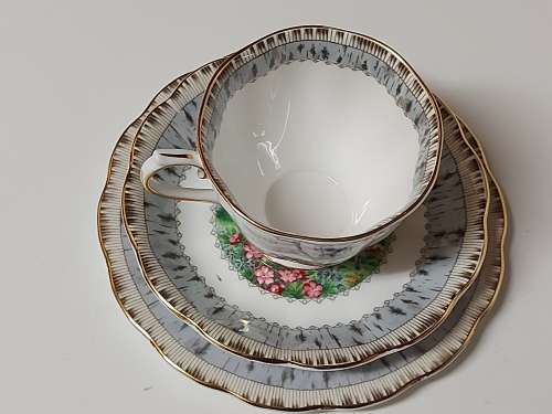 STUNNING ROYAL ALBERT SILVER BIRCH BONE CHINA TEA TRIO