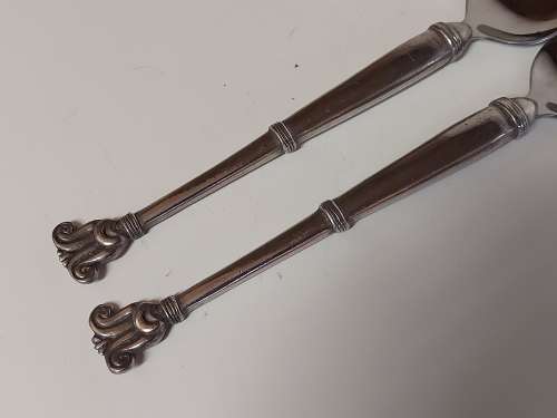 CARROL BOYES FUNCTIONAL ART: AWESOME UNUSUAL EARLY DESIGN PEWTER AND STAINLESS SALAD SERVER SET