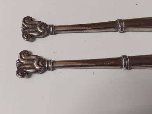 CARROL BOYES FUNCTIONAL ART: AWESOME UNUSUAL EARLY DESIGN PEWTER AND STAINLESS SALAD SERVER SET