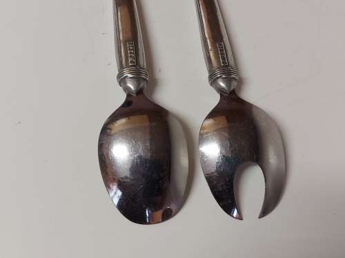 CARROL BOYES FUNCTIONAL ART: AWESOME UNUSUAL EARLY DESIGN PEWTER AND STAINLESS SALAD SERVER SET