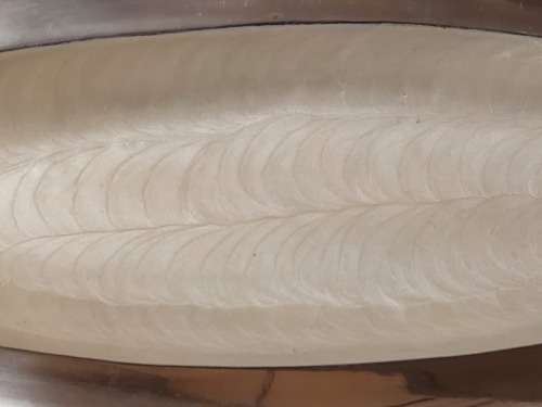 VINTAGE FUNCTIONAL ART CAST ALUMINIUM LARGE ELONGATED BOWL WITH AN IVORENE INNER COATING