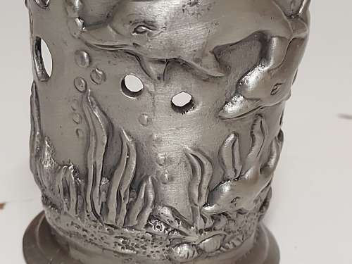 BEAUTIFUL SILVER METAL AROMATHERAPY BURNER, SOLID AND HEAVY AND WITH A GLASS CANDLE RING ON TOP