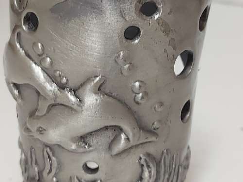 BEAUTIFUL SILVER METAL AROMATHERAPY BURNER, SOLID AND HEAVY AND WITH A GLASS CANDLE RING ON TOP