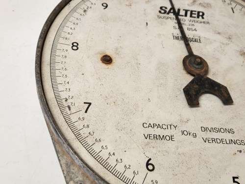 VINTAGE 10 KG SALTER THERMOSCALE MODEL 235 SUSPENDED WEIGHER, MADE IN ENGLAND