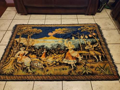 VINTAGE SILK TAPESTRY WALL HANGING, MEASURING 1.42 METRE X 92 CM