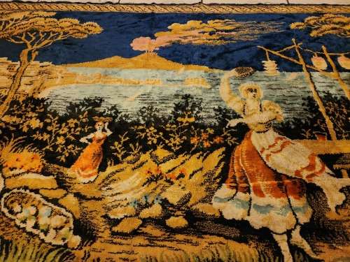 VINTAGE SILK TAPESTRY WALL HANGING, MEASURING 1.42 METRE X 92 CM