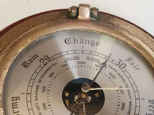 VINTAGE WEATHERMASTER WOOD AND BRASS PORTHOLE BAROMETER