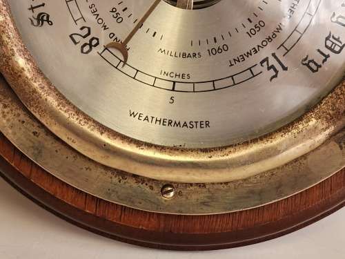 VINTAGE WEATHERMASTER WOOD AND BRASS PORTHOLE BAROMETER