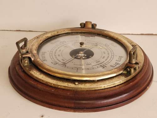 VINTAGE WEATHERMASTER WOOD AND BRASS PORTHOLE BAROMETER