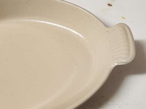 LARGE LE CREUSET FRANCE ENAMELED CAST IRON TWIN HANDLED OVEN DISH, MARKED 32