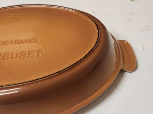 LARGE LE CREUSET FRANCE ENAMELED CAST IRON TWIN HANDLED OVEN DISH, MARKED 32