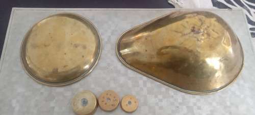 Antique Vintage Brass Set of Weighing Scale Pans plus Weights