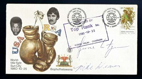 BOB FDC 1980 WORLD TITLE FIGHT SUN CITY SIGNED BY BOTH BOXERS GERRIE COETZEE AND MIKE WEAVER