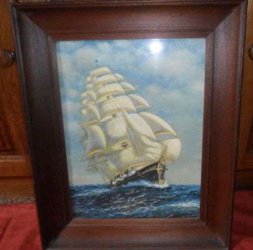 STUNNING OLD FRAMED PRINT OF SAILING SHIP - RICHARD DEY DE RIBOWSKY