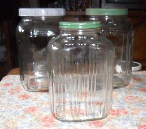 3  X VINTAGE  LARGE SQUARE HOOSIER CORNER RIBBED GLASS JARS\  SWEET JARS - 2X LARGE 1 X MEDIUM