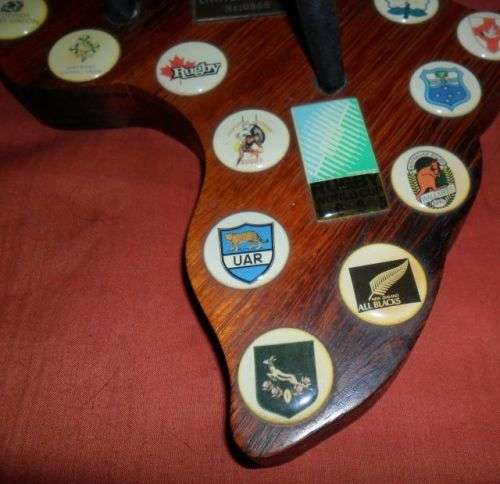 1995 RUGBY WORLD CUP POTJIE POT ON AN AFRICA SHAPED WOODEN PLAQUE