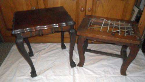 IMBUIA SIDE TABLE AND TEAK RIEMPIE STOOL IN NEED OF TLC