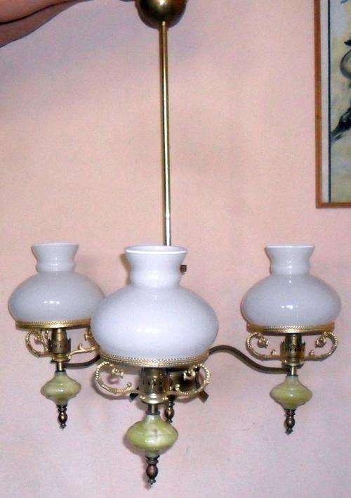 3 ARM BRASS AND MARBLE CHANDELIER WITH MILKY GLASS SHADES