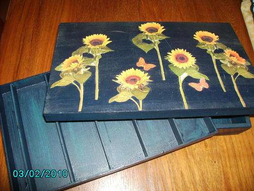 Beautiful Wooden Large Jewellery Box with Decoupage (sunflowers)
