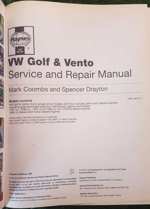 VW Golf & Vento Service and Repair Manual 1992-1996.