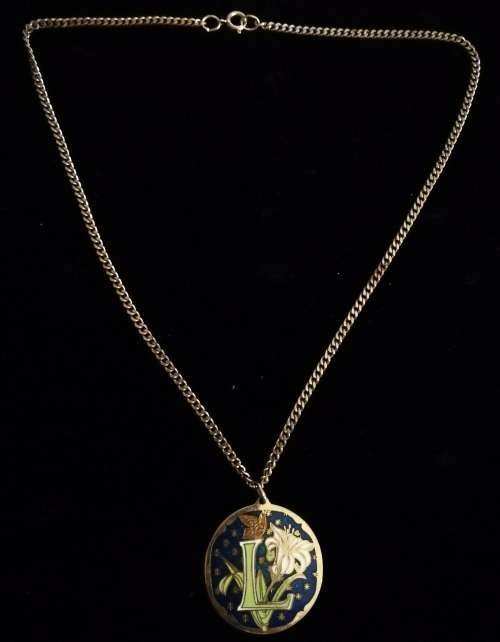 Vintage Cloisart Stamped Cloisonne Pendant with Gold Tone Chain
