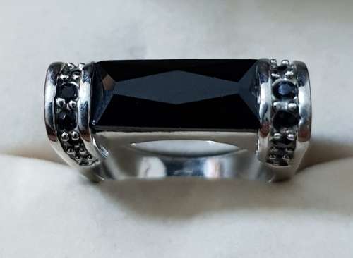 Silver Plated Modern Ring with Black Faceted Stones