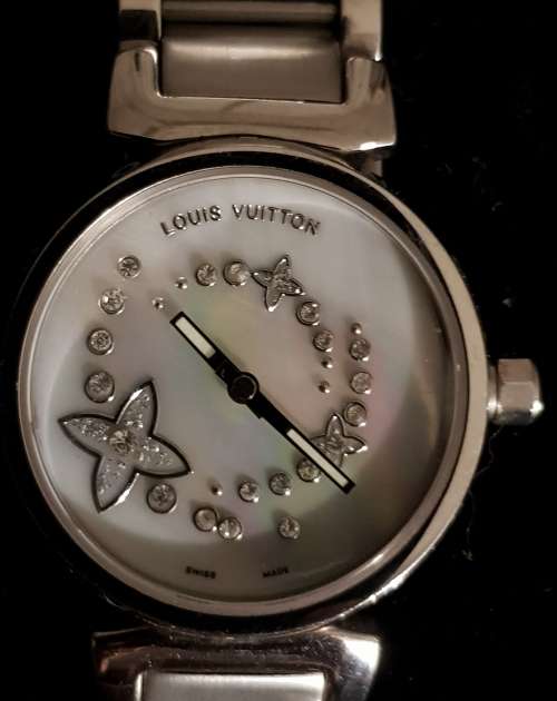 Louis Vuitton Tambour Mother of Pearl Shell Face with Stones Woman's Stainless Steel Watch