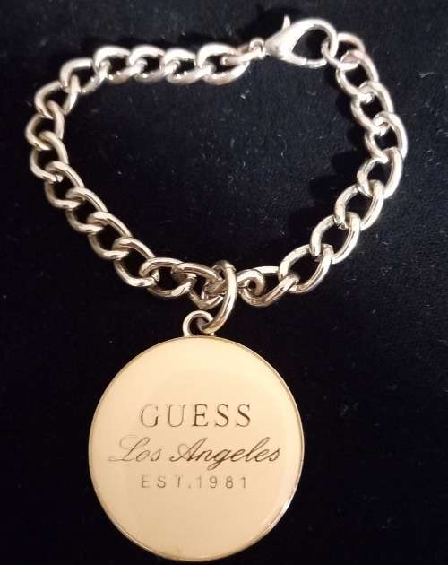 Vintage Enameled Guess Los Angeles Disc with Gold Tone Bracelet