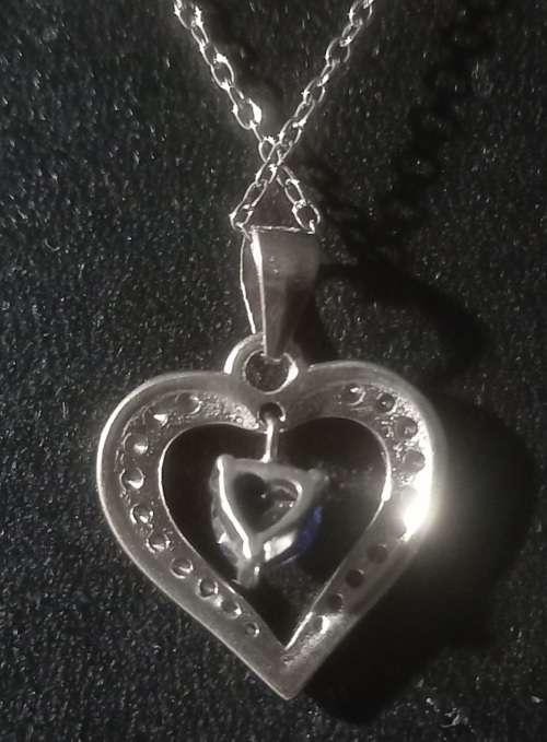 Sterling Silver 925 Chain and Heart Pendant with Dangling Blue Stone surrounded with Cubic Stones