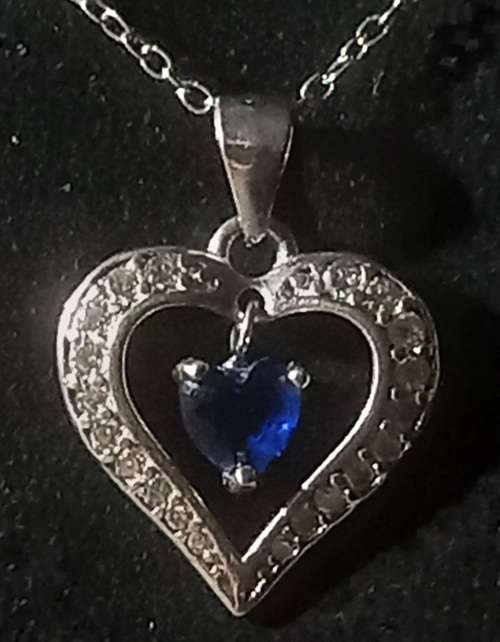 Sterling Silver 925 Chain and Heart Pendant with Dangling Blue Stone surrounded with Cubic Stones