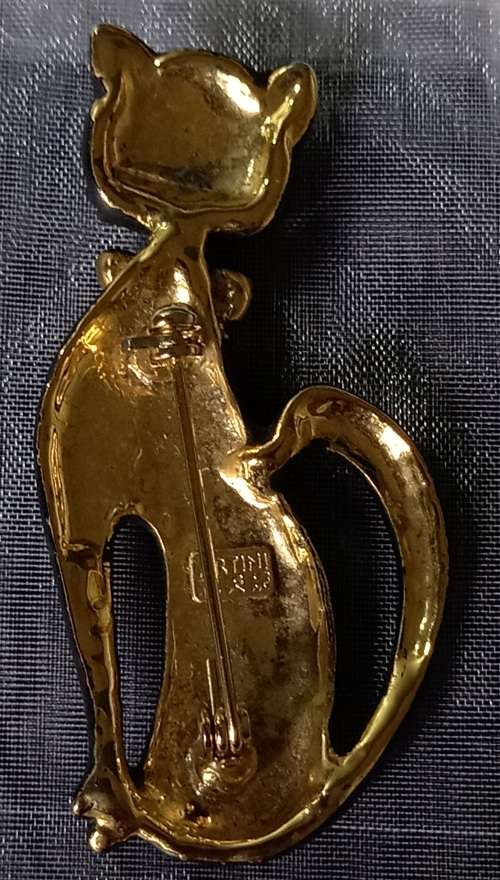 Vintage Gold Plated Artini Signed Cat Brooch with Black Enamel