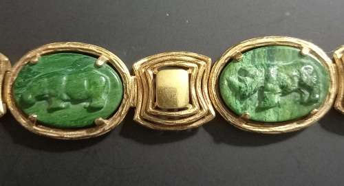 Vintage Spectacular Rolled Gold Bracelet with Carved Malachite/Jade?