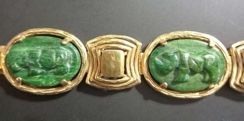 Vintage Spectacular Rolled Gold Bracelet with Carved Malachite/Jade?
