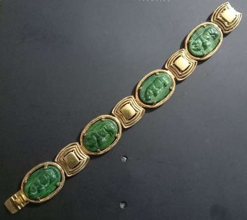 Vintage Spectacular Rolled Gold Bracelet with Carved Malachite/Jade?