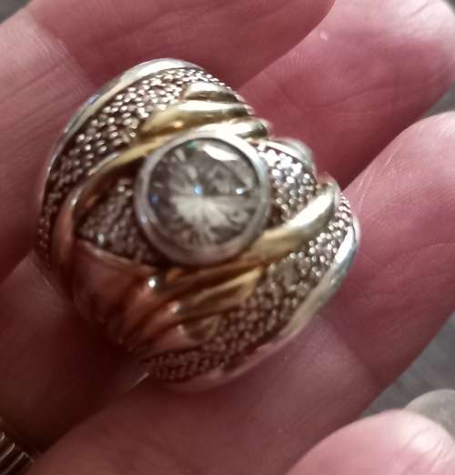 Stunning Bulky Combination 9ct Gold and Sterling Silver Ring with Cubic Zirconia.