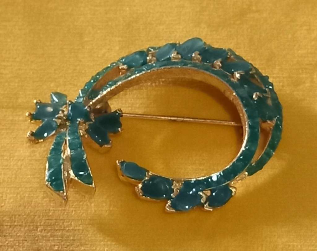 Vintage Panetta Signed Gold Tone Brooch with Green Glass Stone Accents