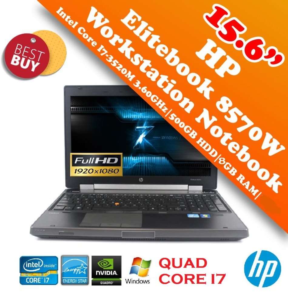 HP EliteBook 8570W - 15" - QUAD Core i7-3740QM - 8 GB RAM - 500 GB HDD 2GB NVIDIA QUADRO K1000M