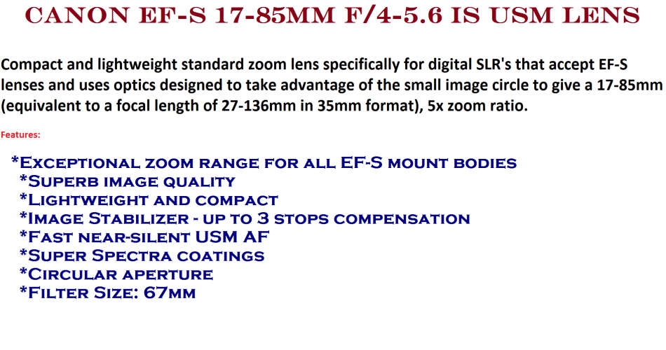 Canon EF-S 17-85mm f/4-5.6 IS USM Lens IN EXCELLENT CONDITION