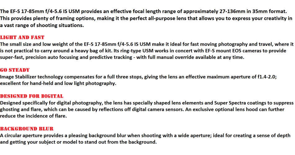 Canon EF-S 17-85mm f/4-5.6 IS USM Lens IN EXCELLENT CONDITION