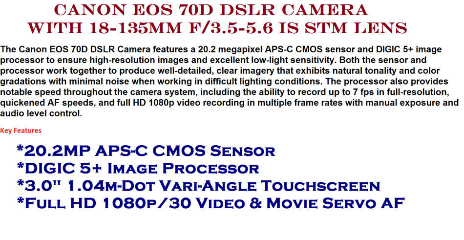 CANON 70D WITH 18-135MM IS STM LENS , CARRY BAG EXCELLENT CONDITION