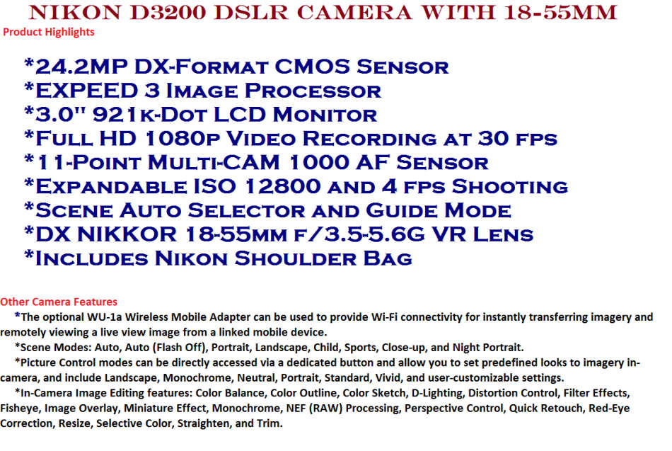 Nikon D3200 , 24MP DSLR Camera with 18-55mm IN EXCELLENT CONDITION. WITH LOWEPRO CARRY BAG