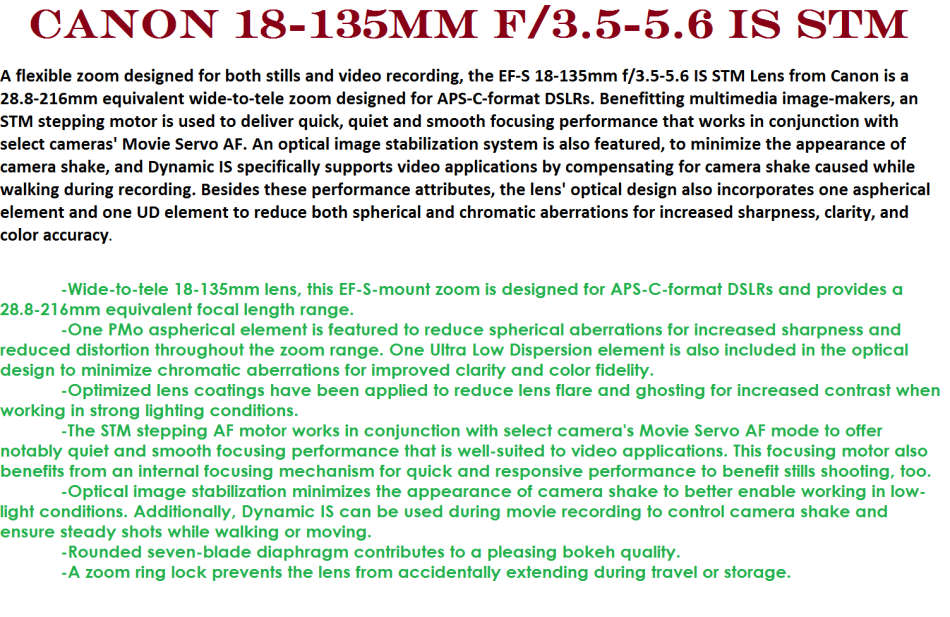 CANON EFS 18-135MM F/3.5-5.6 ( IMAGE STABILIZER ) IS STM LENS FOR CANON  IN EXCELLENT CONDITION