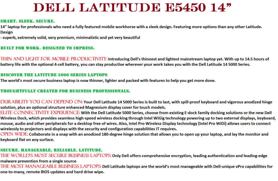 DELL LATITUDE E5450 , CORE I5-5300U @2.30GHz, 8GB RAM ,500GB HDD, INTEL HD GRAPHICS 5500, 4G WWAN