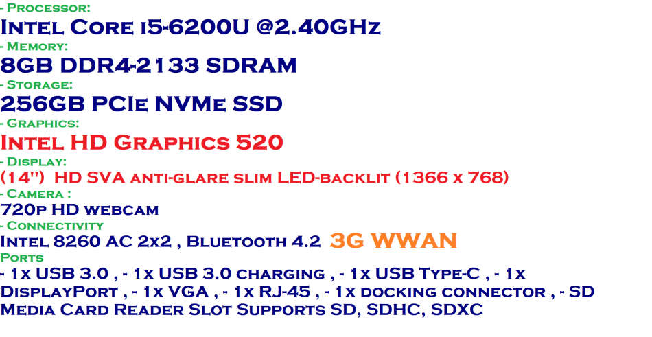 HP ELITEBOOK 840 G3 , CORE I5-6200U @2.40GHz, 8GB RAM ,256GB SSD, INTEL HD GRAPHICS 520