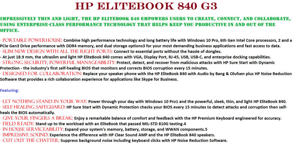 HP ELITEBOOK 840 G3 , CORE I5-6200U @2.40GHz, 8GB RAM ,256GB SSD, INTEL HD GRAPHICS 520