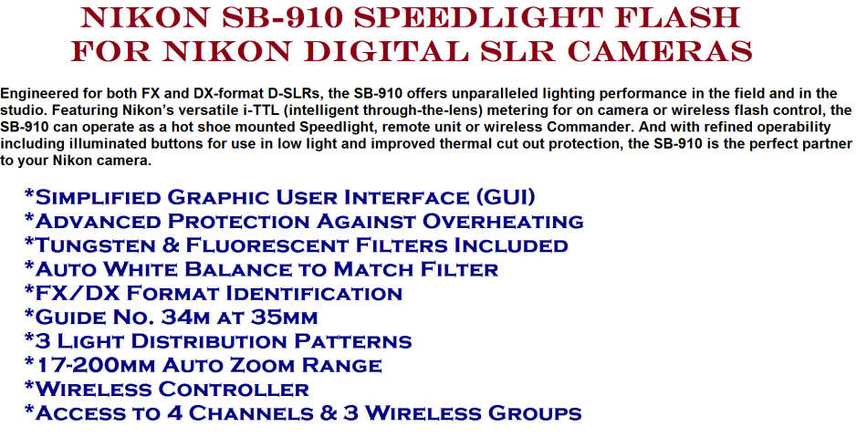Nikon SB-910 Speedlight Flash for Nikon Digital SLR Cameras