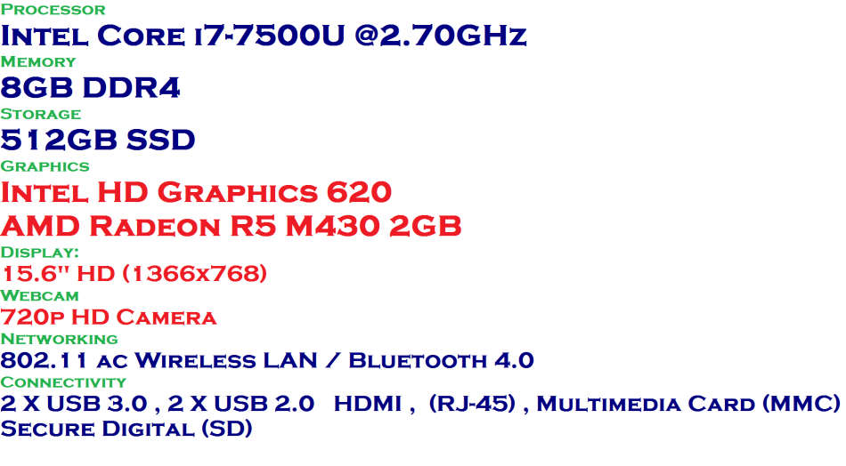 LENOVO V510, INTEL CORE I7-7500U @2.70GHz,8GB RAM,512GB SSD, 2GB AMD RADEON GRAPHICS