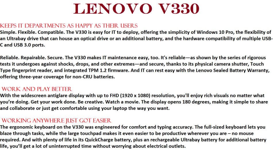 LENOVO V330 ,CORE I5-8250U @1.60GHz,8GB RAM,256GB SSD,INTEL UHD GRAPHICS 620, FHD
